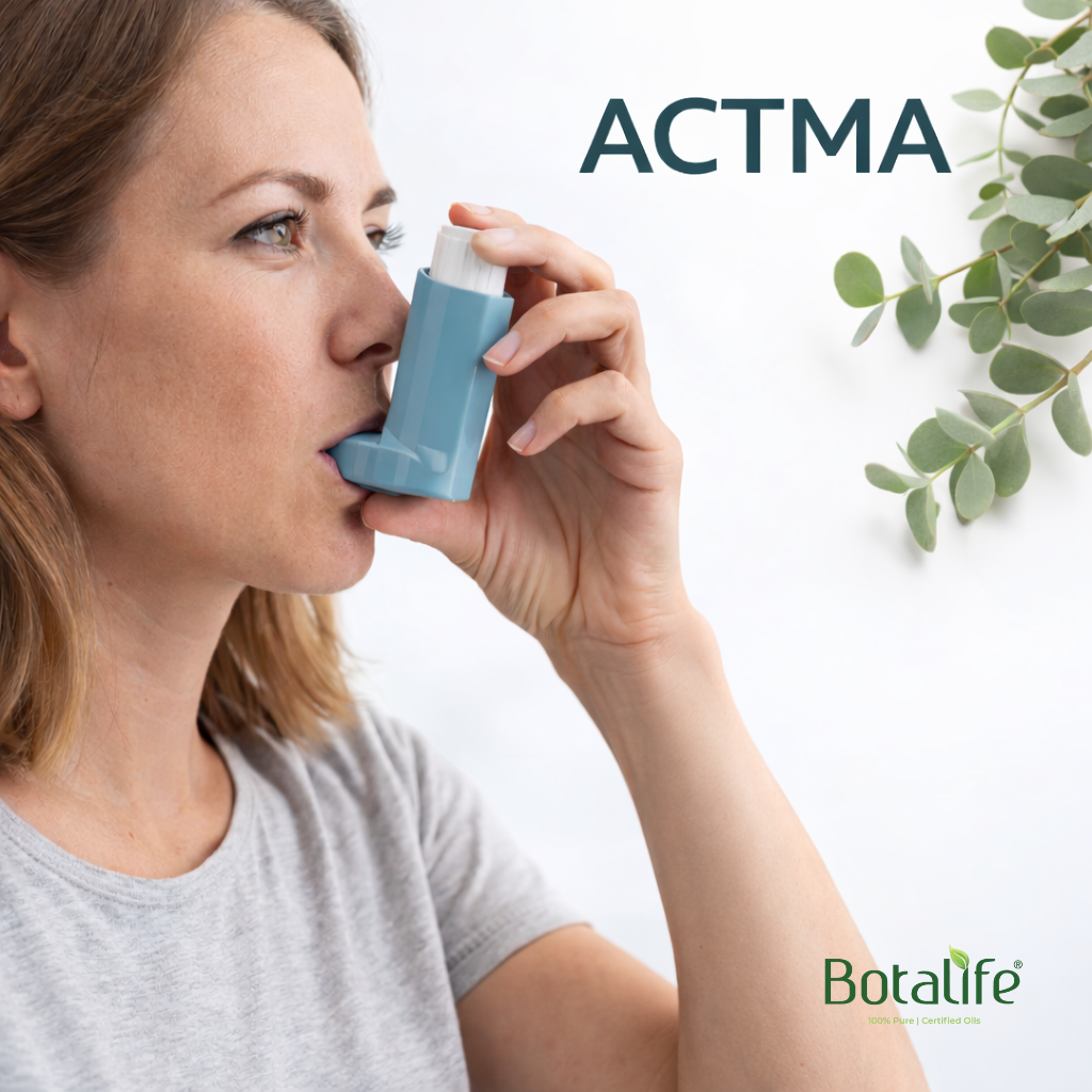 8 най-добри масла при симптоми на астма - жена използва инхалатор с евкалиптово и етерични масла от Botalife за облекчение