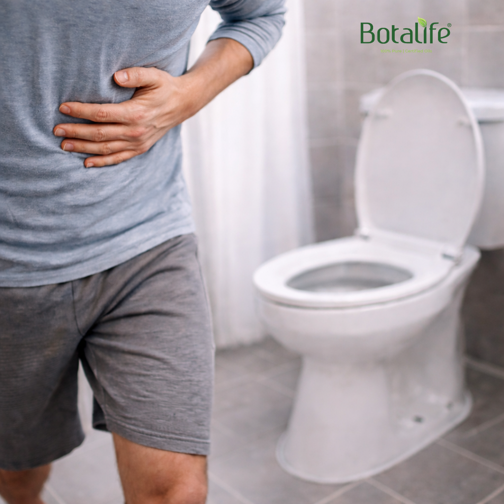 12 етерични масла при диария и начини на приложение - човек със стомашни болки до тоалетна, естествени етерични масла и приложения