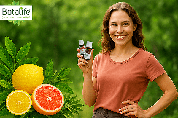 Могат ли етеричните и растителни масла да помогнат в борбата с излишните килограми — усмихната жена държи етерични масла край цитруси и лого Botalife