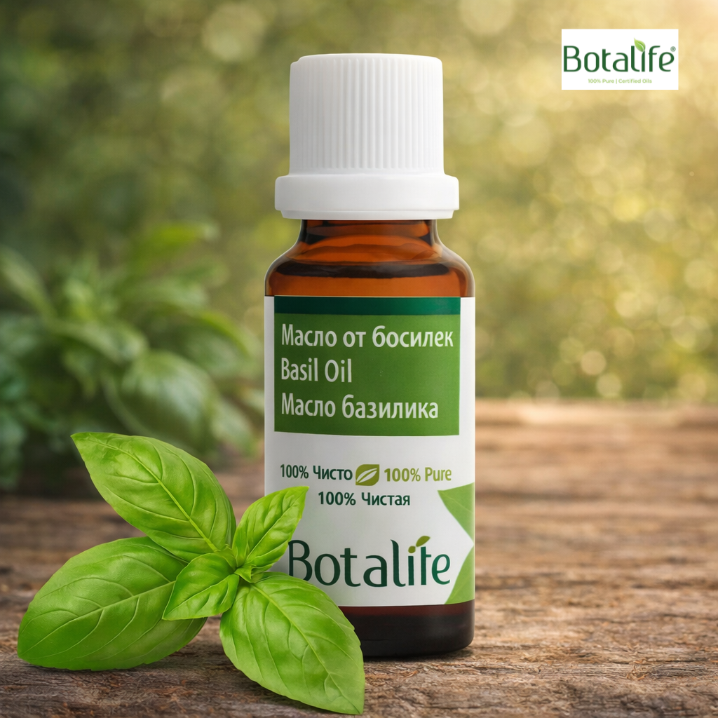 Alt Tag: ТОП 14 ползи от употребата на масло от босилек – бутилка етерично масло от босилек Botalife за ароматерапия и натурална козметика