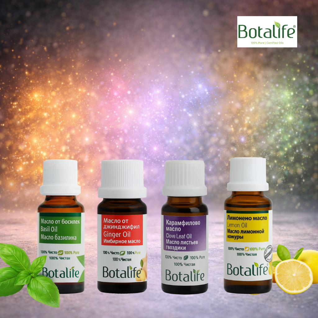 Вибрациите на етеричните масла: бутилки ет.масла Botalife (базилик, джинджифил, карамфил, лимон) за ароматерапия и дифузер
