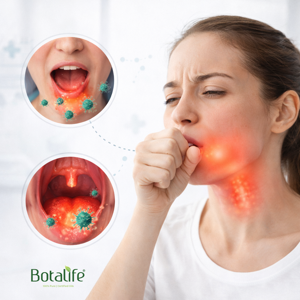 7-те най-добри етерични масла за кашлица – жена кихаща и илюстрации на възпалено гърло, евкалипт, риган, тамян и други етерични масла за облекчение