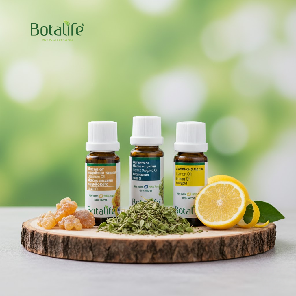 Силата на етеричните масла и някои техни приложения при различни състояния. Бл. – бутилки етерични масла с бръшлян, лимон и смола, масло от черен кимьон, рициново масло, арома дифузер