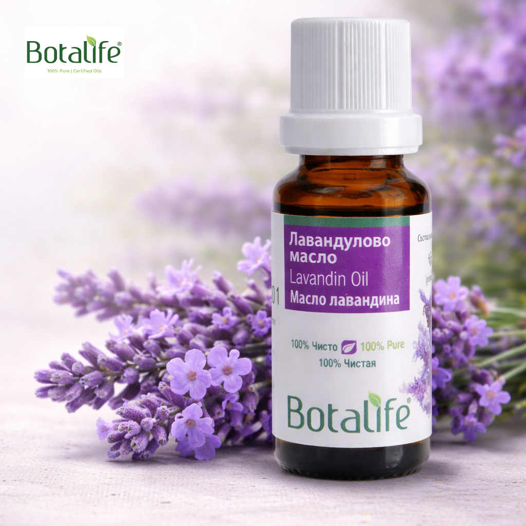 ТОП 10 ползи на маслото от лавандула – бутилка лавандулово масло Botalife със свежи лавандулови цветчета