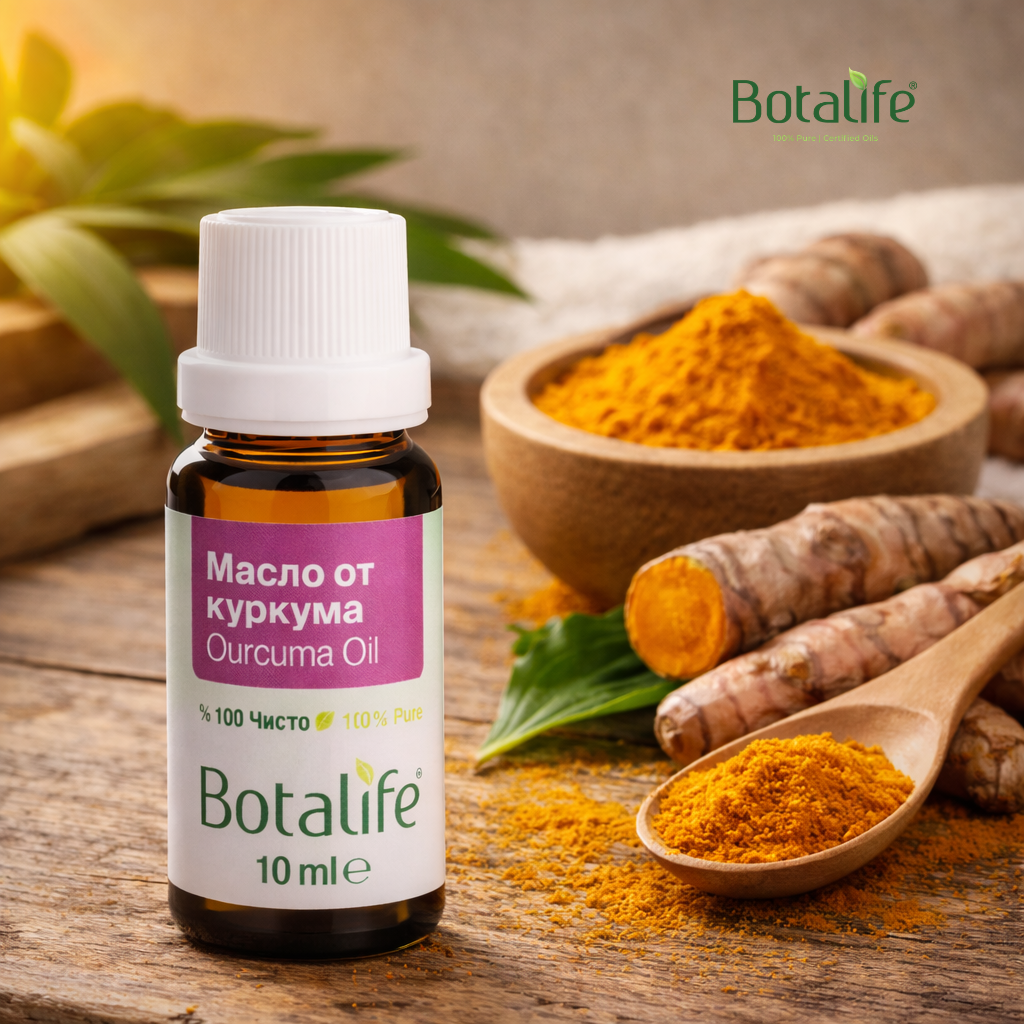 6 начина, по които етеричното масло от куркума поддържа здравето ни — бутилка етерично масло от куркума Botalife с корен и прах куркума