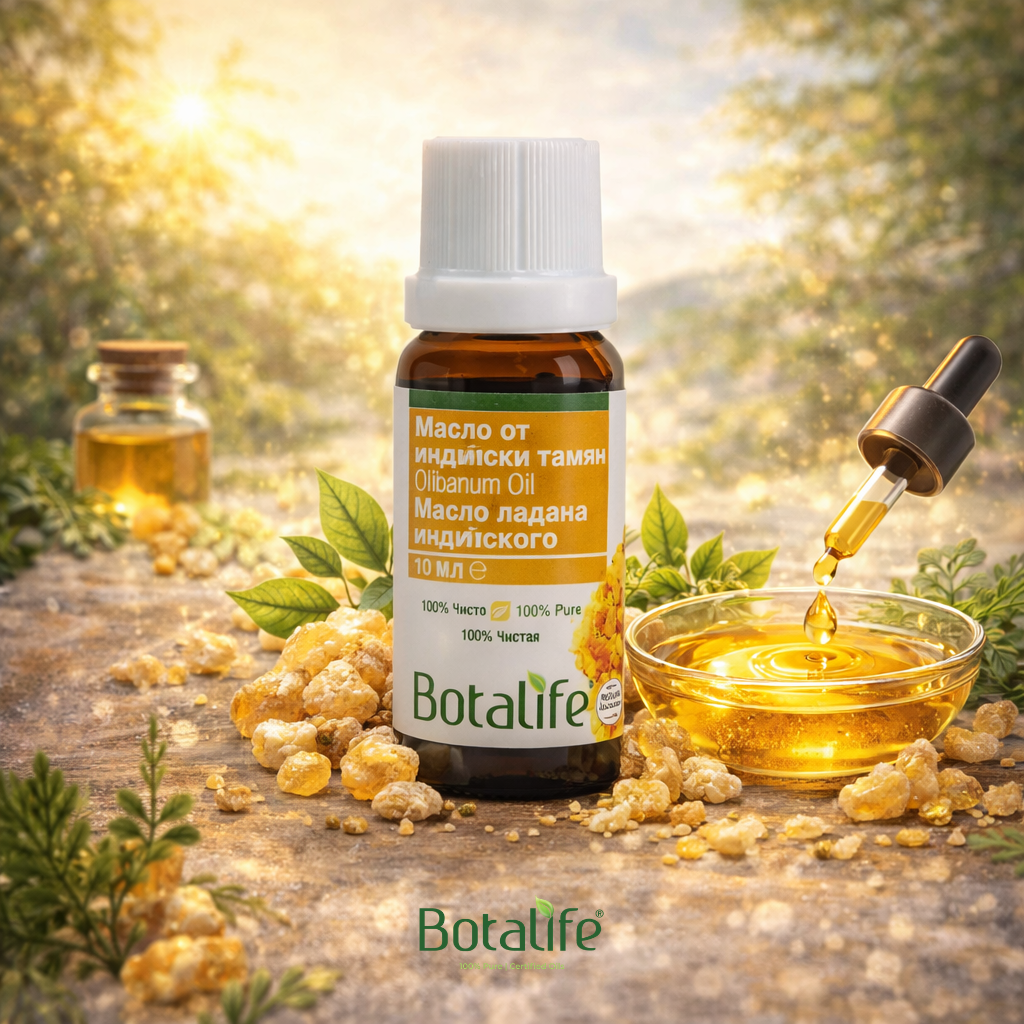 10 научни факта за маслото от тамян и 10 практични съвета за употреба – бутилка етерично масло от индийски тамян Botalife с капкомер и смола