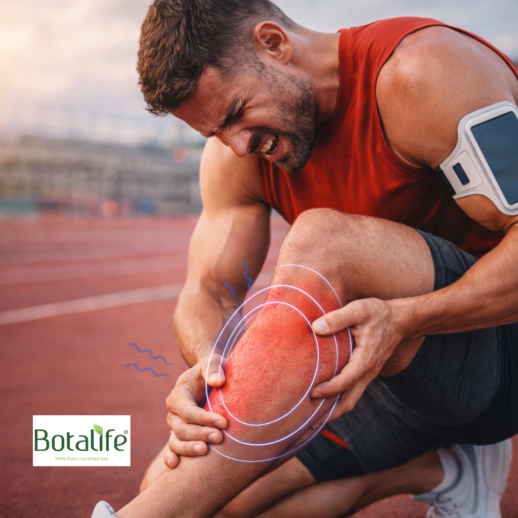 Най-добрите етерични масла при болки в мускулите, напрежение, подуване и отоци – спортист с болка в прасеца и етерични масла за облекчение