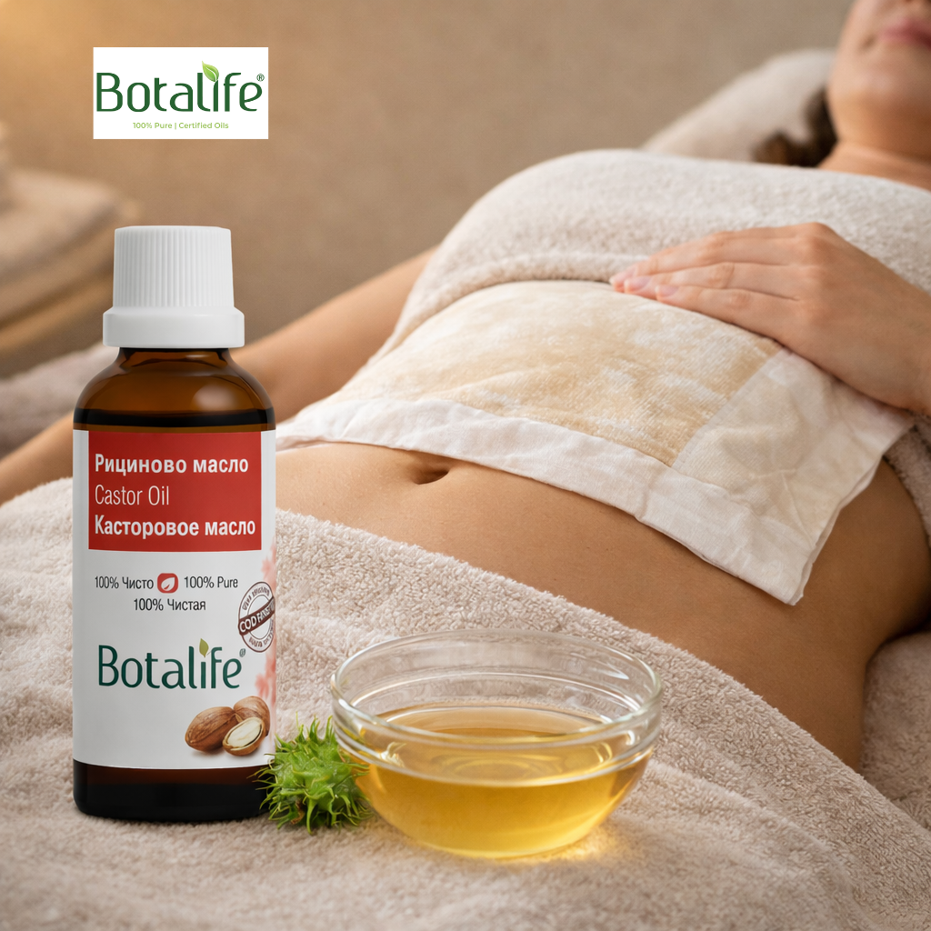 Как да си направим компрес с рициново масло - рициново масло Botalife върху корем, съпоставено с етерични масла и натурални продукти като кокосово, шипково, вечерна иглика