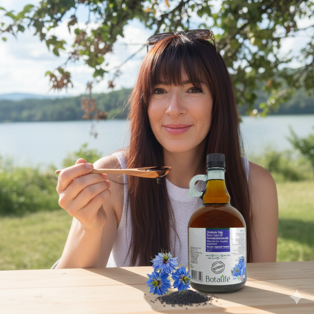 По мед и масла: жена край езеро поднася лъжица мед с бутилка масло от черен кимион Botalife на маса, семена и цветя