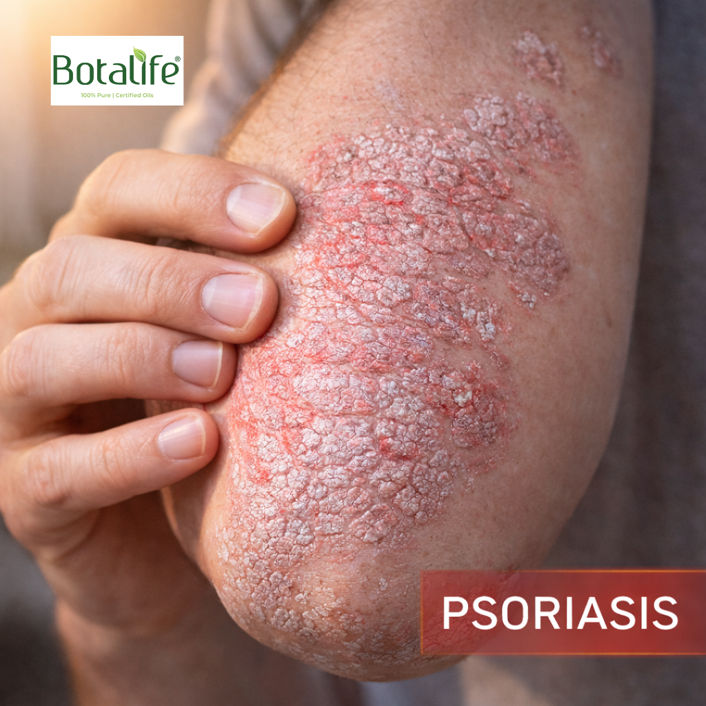 Най-добрите етерични и растителни масла при псориазис – изображение на псориазис на лакът с предложения за масла като масло от черен кимьон, рициново и кокосово масло