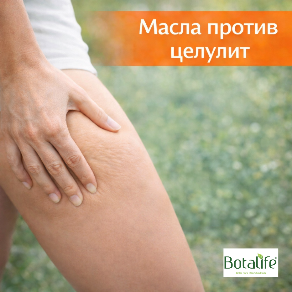 11 етерични масла срещу целулит - близък план на бедро с целулит и ръка, масла и аромотерапия за третиране