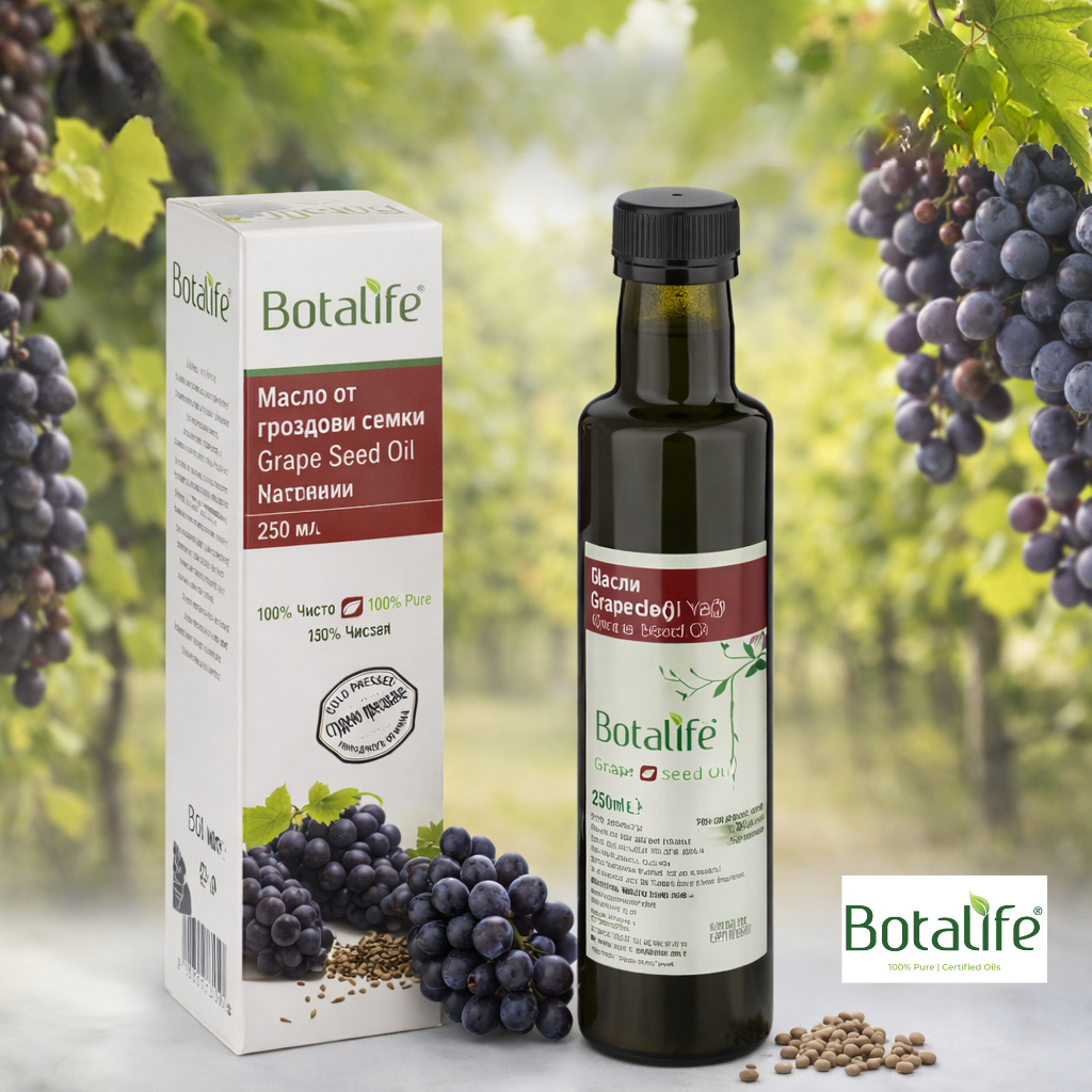 Ползи и приложения на маслото от гроздови семки - бутилка и опаковка Botalife олио от гроздови семки 250 мл за кожа, коса и готвене, цена и информация