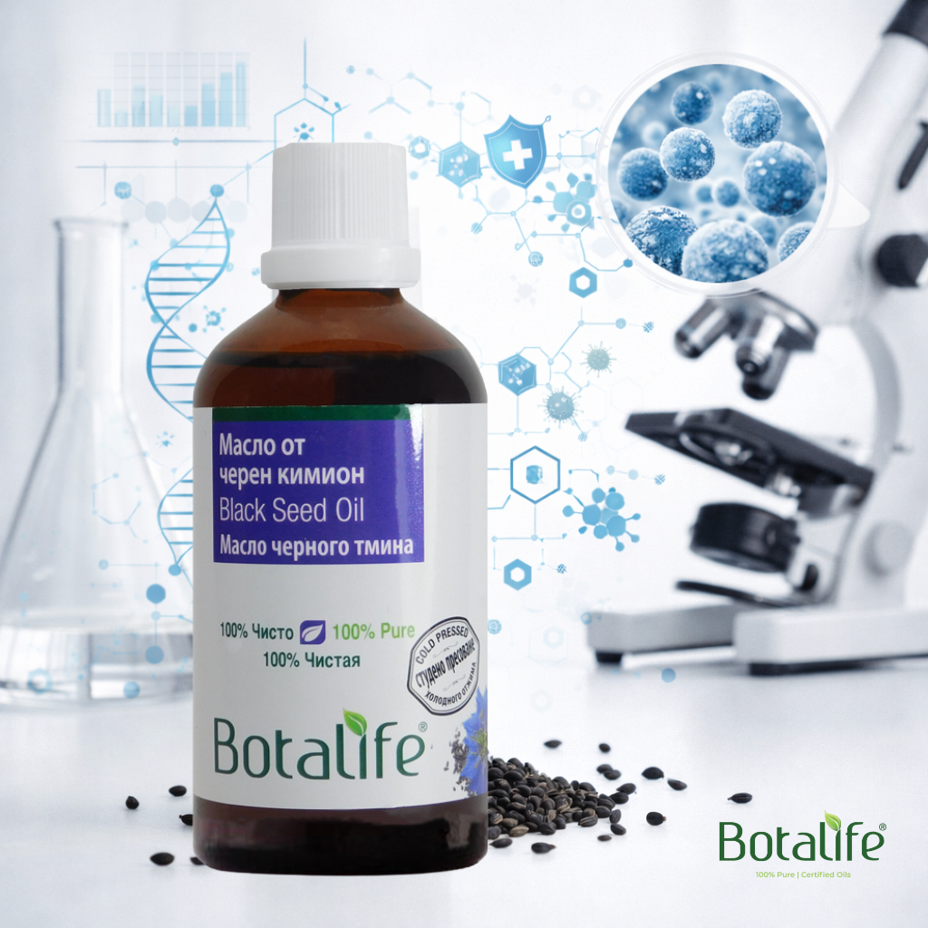 Научни изследвания за ползите от маслото от черен кимион – бутилка масло от черен кимьон Botalife с микроскоп и семена