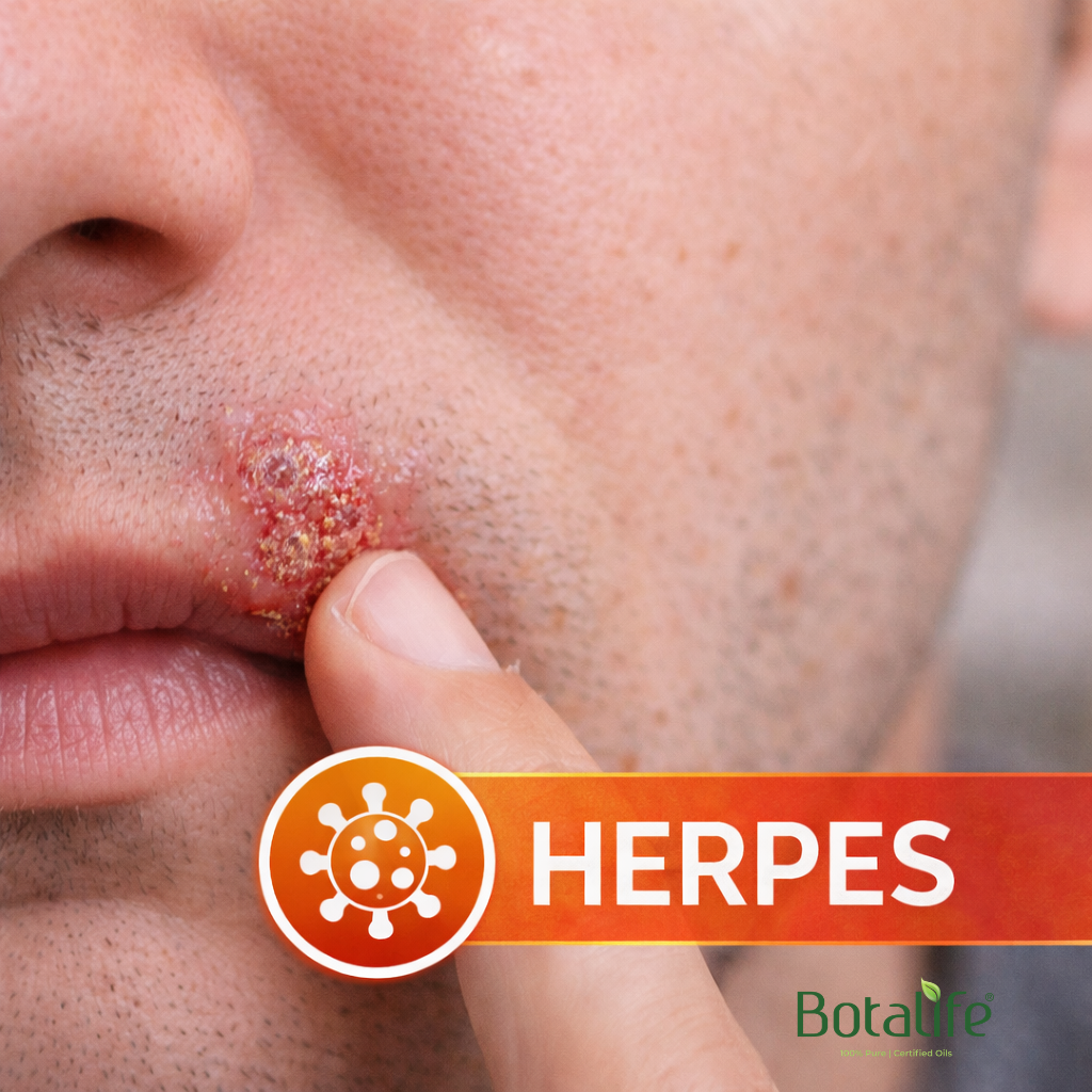 11 етерични масла при херпеси – близък кадър на херпес около устата, препоръчани масла и натурални лечения