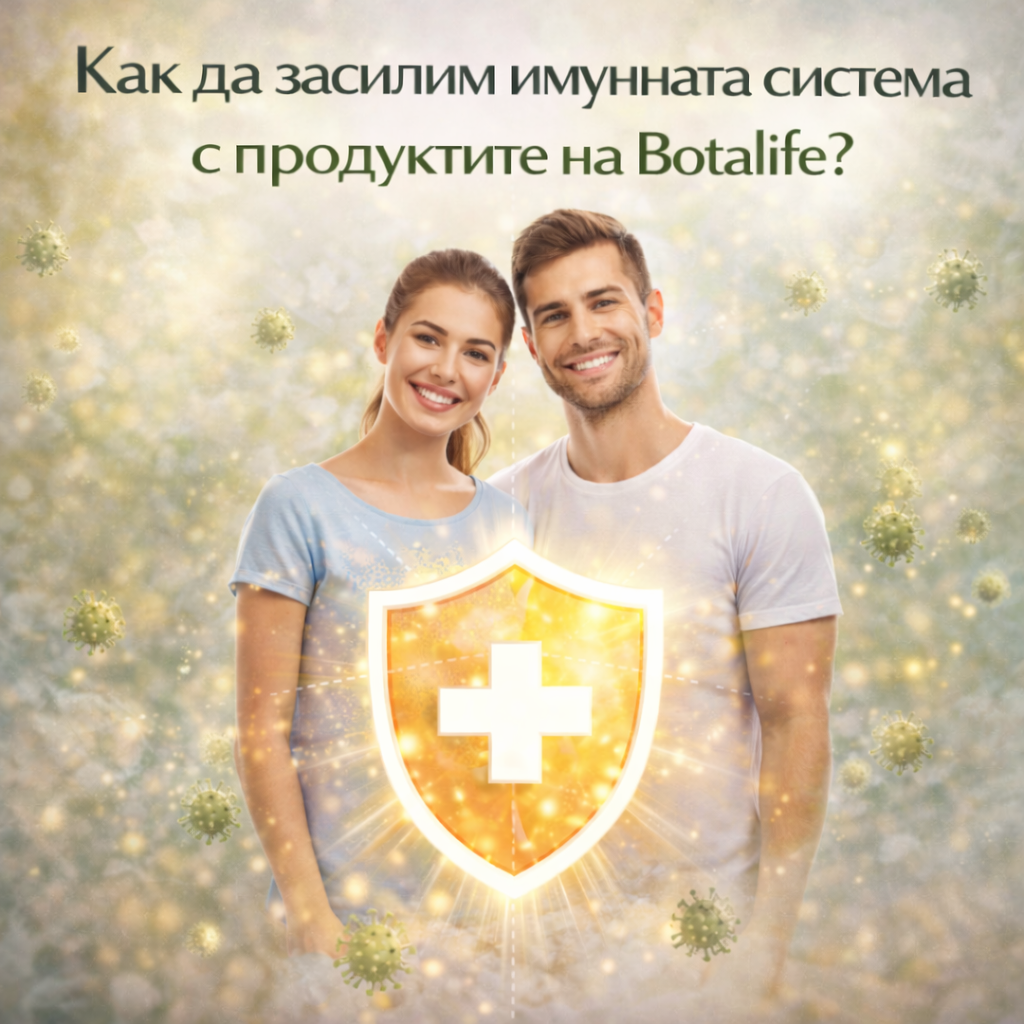 Как да засилим имунната система с продуктите на Botalife? — щастлива двойка с щит и етерични масла за имунитет (масло от черен кимион, рициново масло, евкалипт)