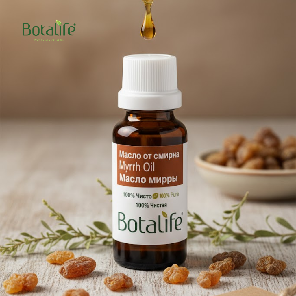 9 изпитани приложения на маслото от смирна и 8 начини на употреба – бутилка масло от смирна Botalife с капка и бурканчета мирра, натурални етерични масла