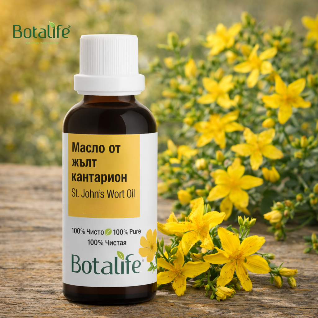 8 ползи и приложения на маслото от жълт кантарион – бутилка масло от жълт кантарион Botalife до жълти цветя, натурална козметика, етерични масла