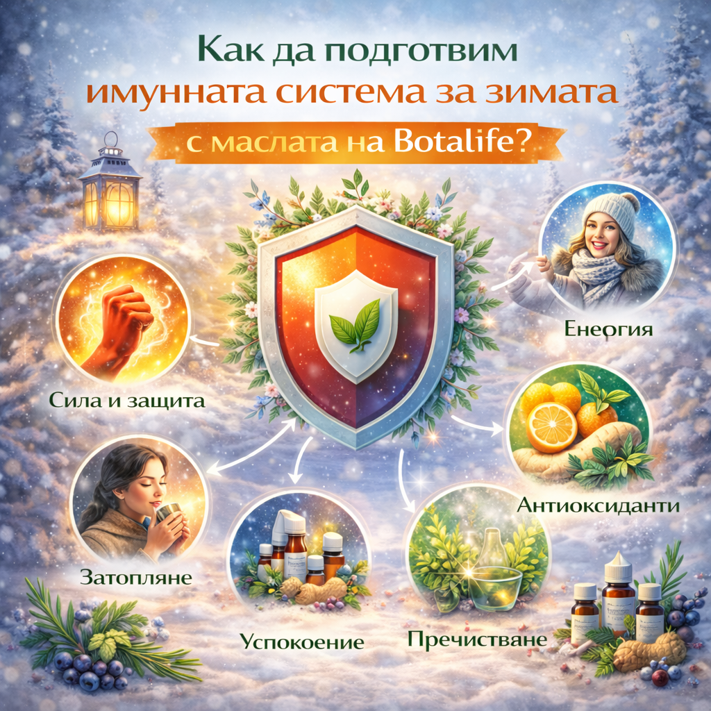 Как да подготвим имунната система за зимата с маслата на Botalife? - илюстрация с щит, етерични и растителни масла, антиоксиданти и енергия