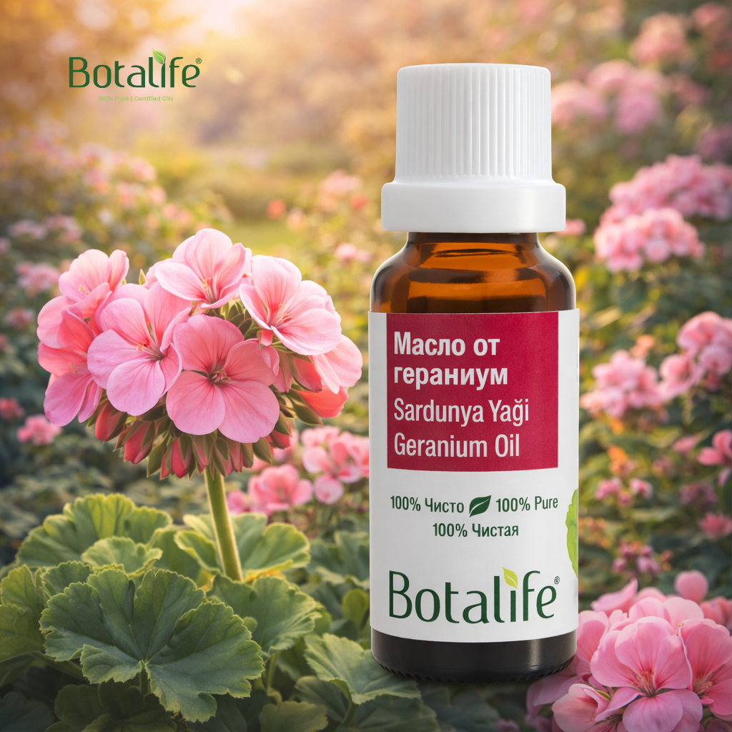 ТОП 16 ползи от етеричното масло от гераниум и начини на употреба - бутилка етерично масло от гераниум Botalife сред розови цветове