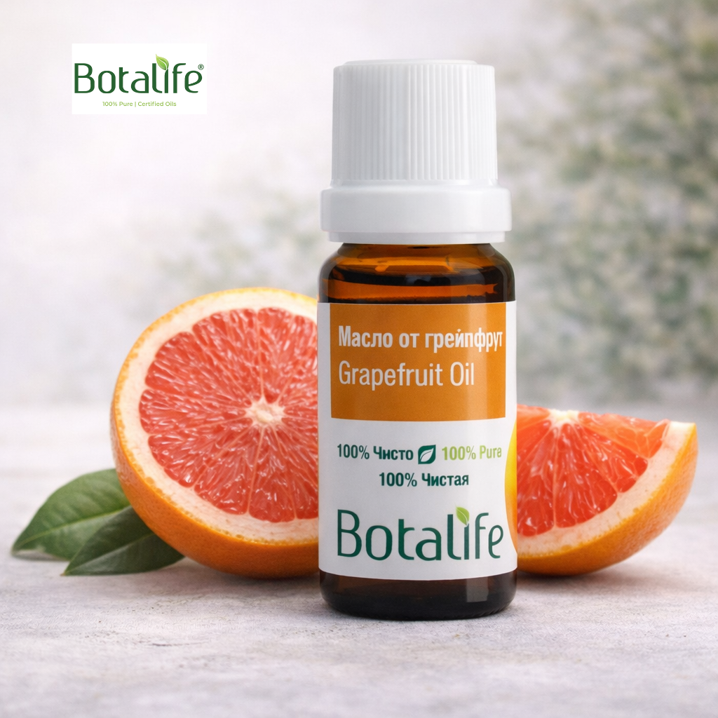 ТОП 8 ползи на маслото от грейпфрут — шише етерично масло грейпфрут Botalife с пресни половинки грейпфрут