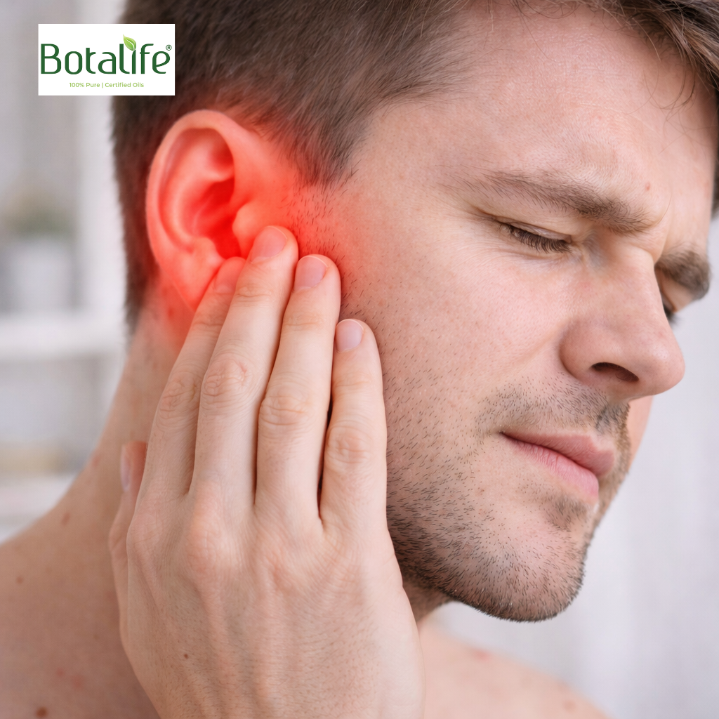 8 етерични масла при болки в ушите – мъж държи болезнено ухо, икона Botalife, идеи с етерични масла и рициново масло