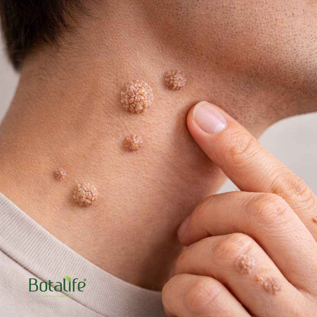 Най-добрите етерични масла при брадавици - близък план на брадавици на шията, натурални масла и лечение