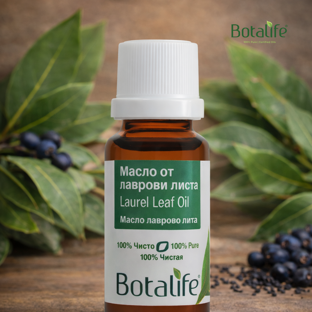 ТОП 8 ползи от употребата на масло от лаврови листа и начини на приложение – бутилка масло от лаврови листа Botalife сред лаврови листа