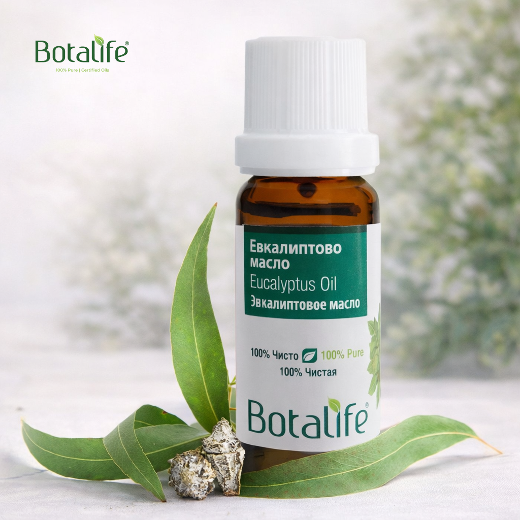 ТОП 8 ползи на маслото от евкалипт - бурканче етерично евкалиптово масло Botalife с листа и естествени съставки, цена и натурална козметика