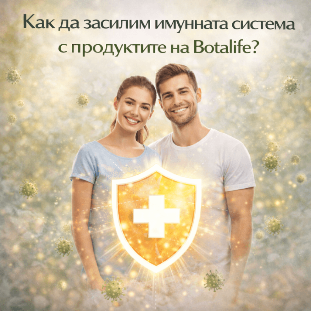 Как да засилим имунната система с продуктите на Botalife? — щастлива двойка с щит и етерични масла за имунитет (масло от черен кимион, рициново масло, евкалипт)