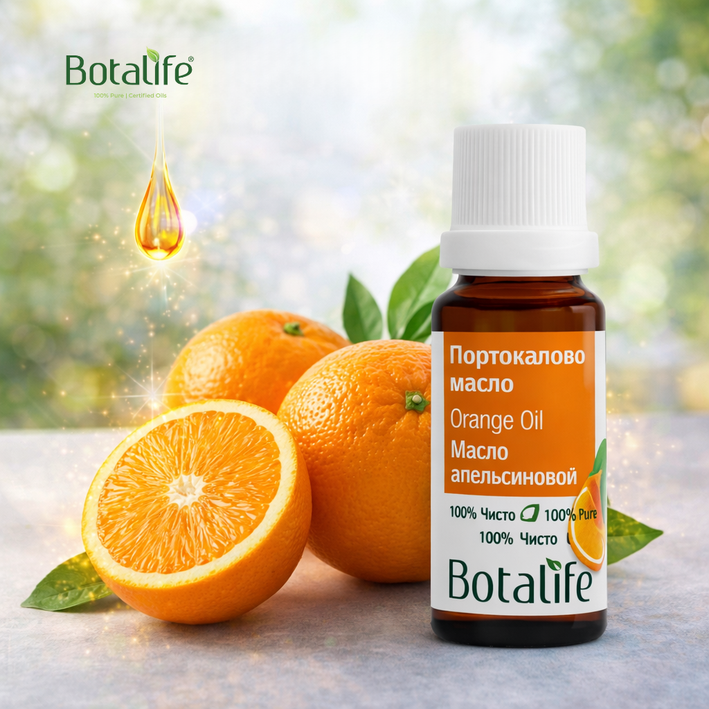 Масло от портокал – блендове за дифузер: бутилка портокалово масло Botalife до нарязани портокали, арома дифузер и етерични масла