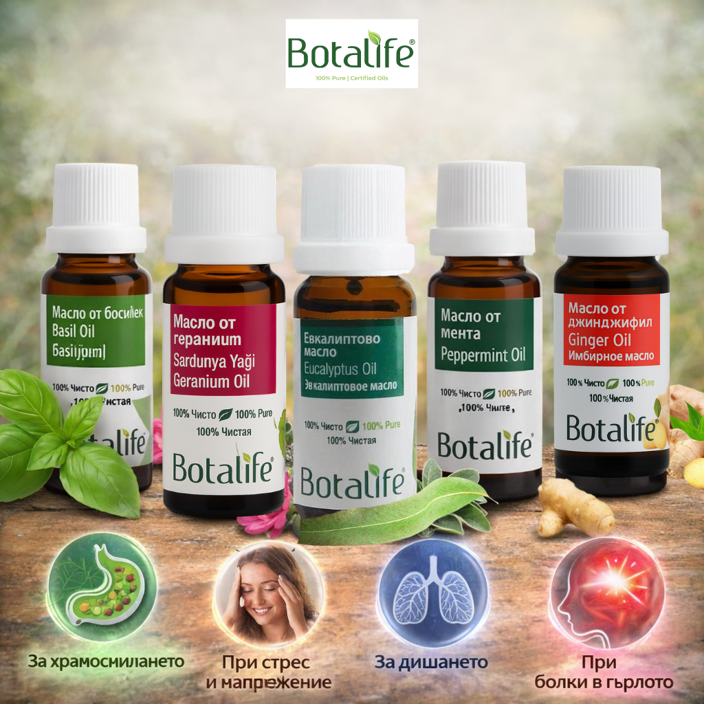 Основни приложения на различни етерични масла Botalife – част 1: бутилки етерични масла (босилек, гераниум, евкалипт, мента, джинджифил)