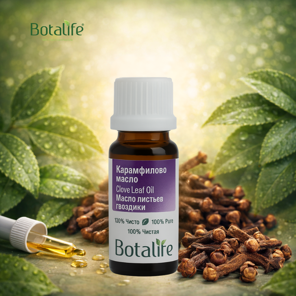 ТОП 8 изпитани приложения масло от карамфил – от зъбобол до кандида, бутилка карамфилово масло Botalife сред карамфил и листа