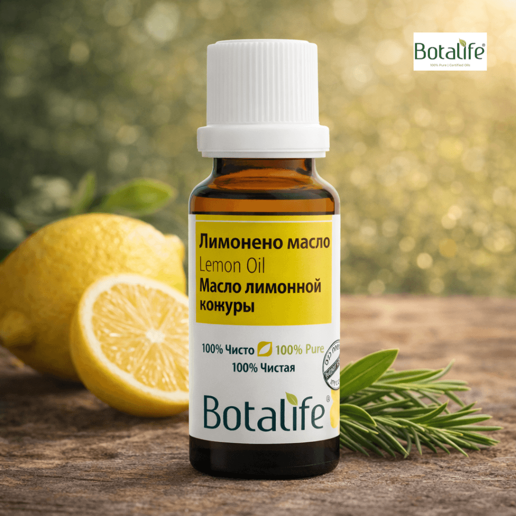 Масло от лимон – едно масло, безброй ефекти: бутилка лимоново етерично масло Botalife с пресни лимони и розмарин