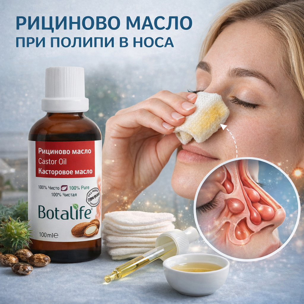РИЦИНОВО МАСЛО ПРИ ПОЛИПИ В НОСА - бутилка рициново масло, приложения с тампон и илюстрация на носни полипи