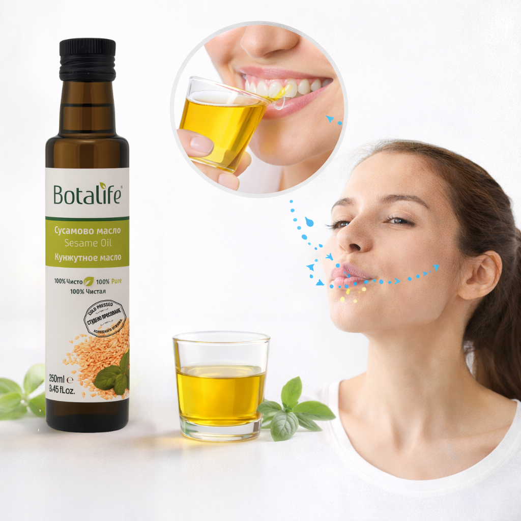 Жабурене с масло – жена практикува oil pulling със сусамово масло Botalife, чаша и бутилка масло за устна детоксикация