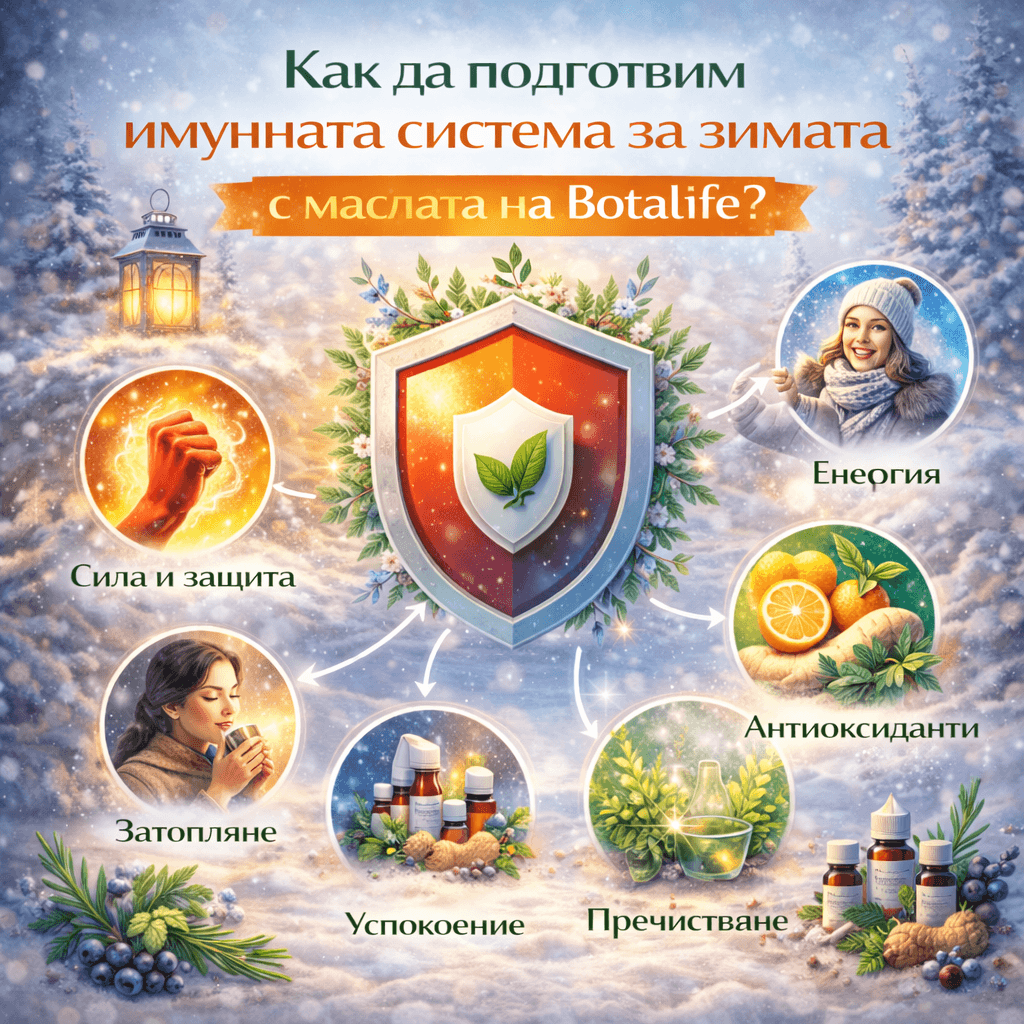 Как да подготвим имунната система за зимата с маслата на Botalife? - илюстрация с щит, етерични и растителни масла, антиоксиданти и енергия