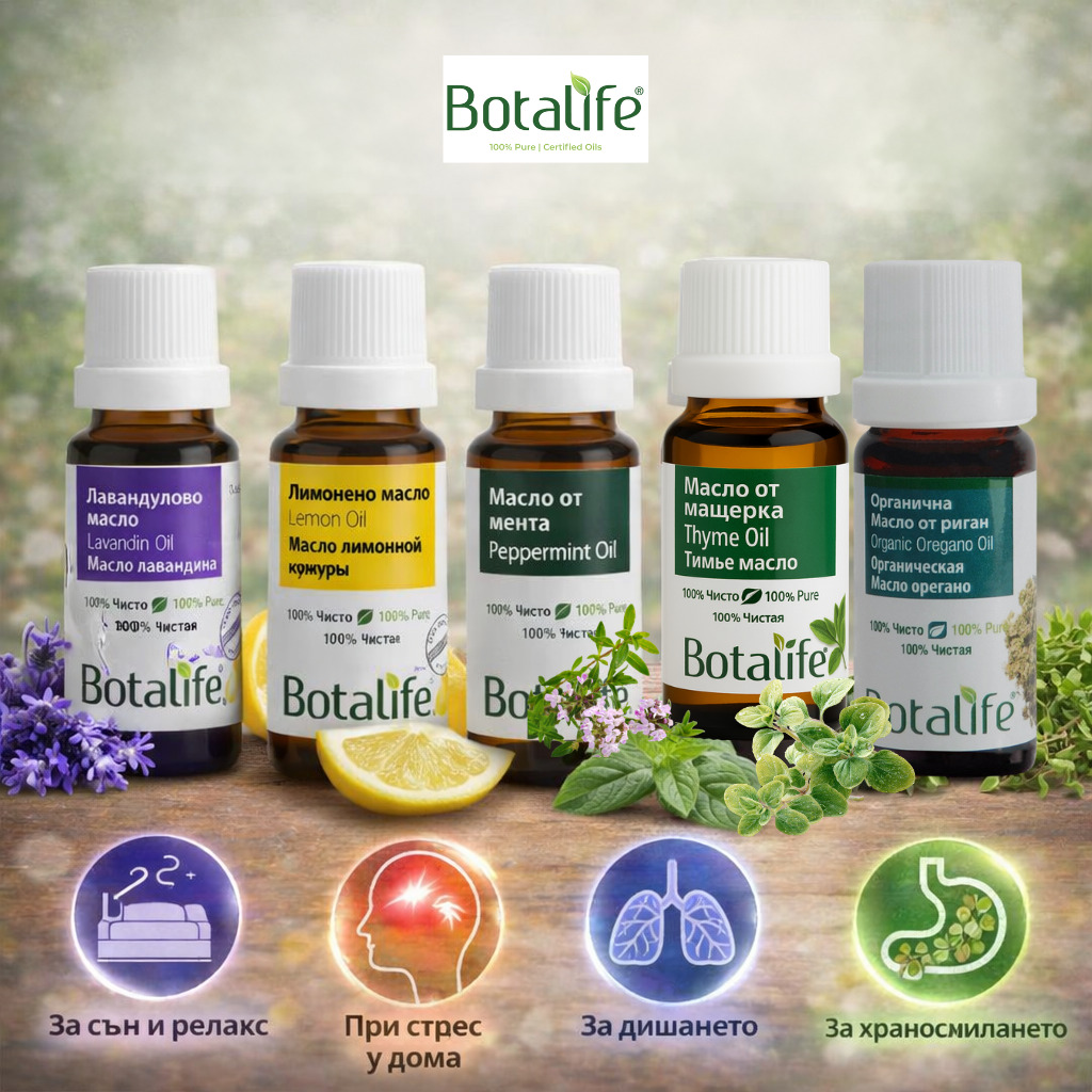 Основни приложения на различни етерични масла Botalife – част 2: бутилки лавандула, лимонено, мента, мащерка, риган със символи за сън, стрес, дишане, храносмилане