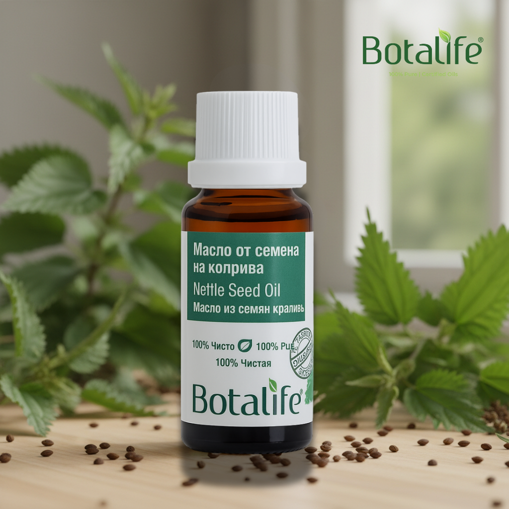 Масло от семена на коприва в стъклена бутилка Botalife, натурално масло за лице и коса, цена и мнения