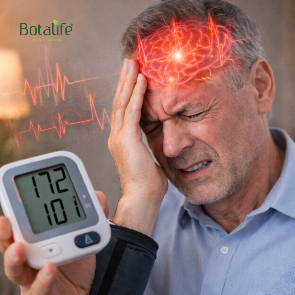 Най-подходящите етерични и растителни масла при високо кръвно налягане - мъж с високо кръвно (172/101) държи апарата и масажира слепоочието