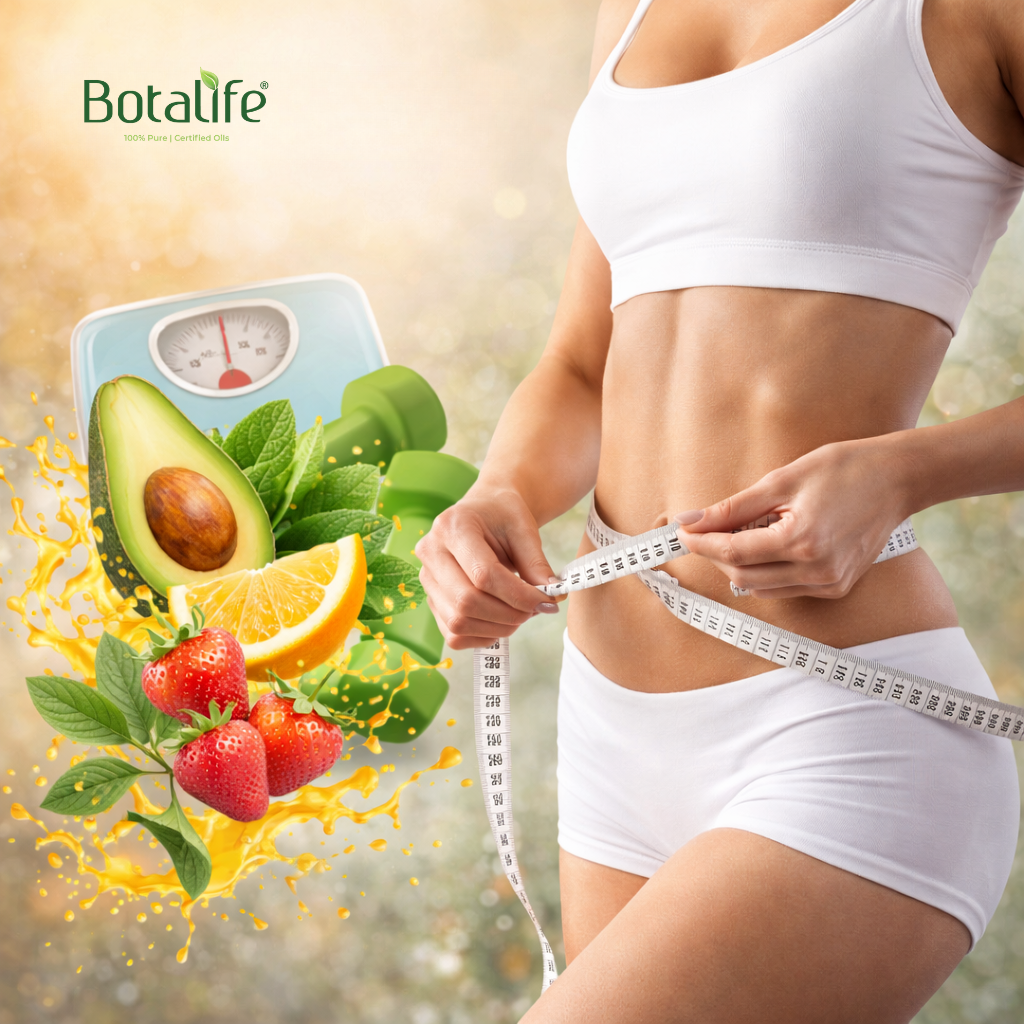 ТОП 10 етерични масла за отслабване - стройна жена мери талията си с лента до авокадо, ягоди, цитрус и везна, етерични масла, дифузер
