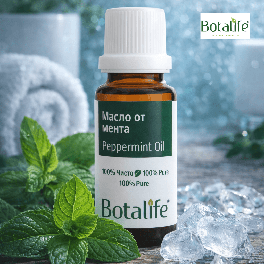 ТОП 13 ползи от употребата на масло от мента - бутилка етерично масло от мента на Botalife със свежи листа и лед