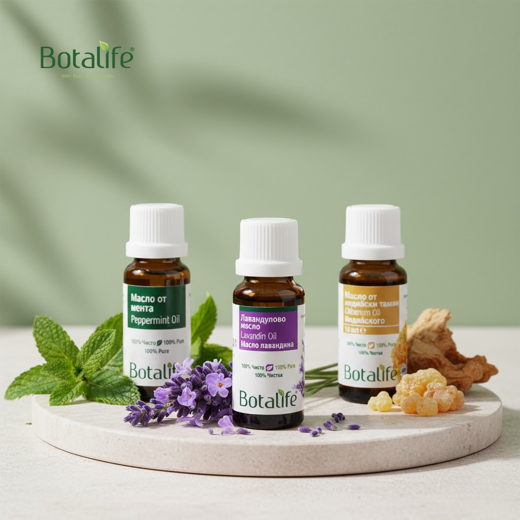 Силата на етеричните масла и някои техни приложения при различни състояния на - три етерични масла Botalife (лавандула, мента, тамян) върху кръгла плоча