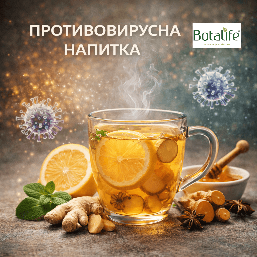 Мощна противовирусна и противогрипна напитка - чаша лечебен чай с лимон, джинджифил, мед и етерични масла за имунитет