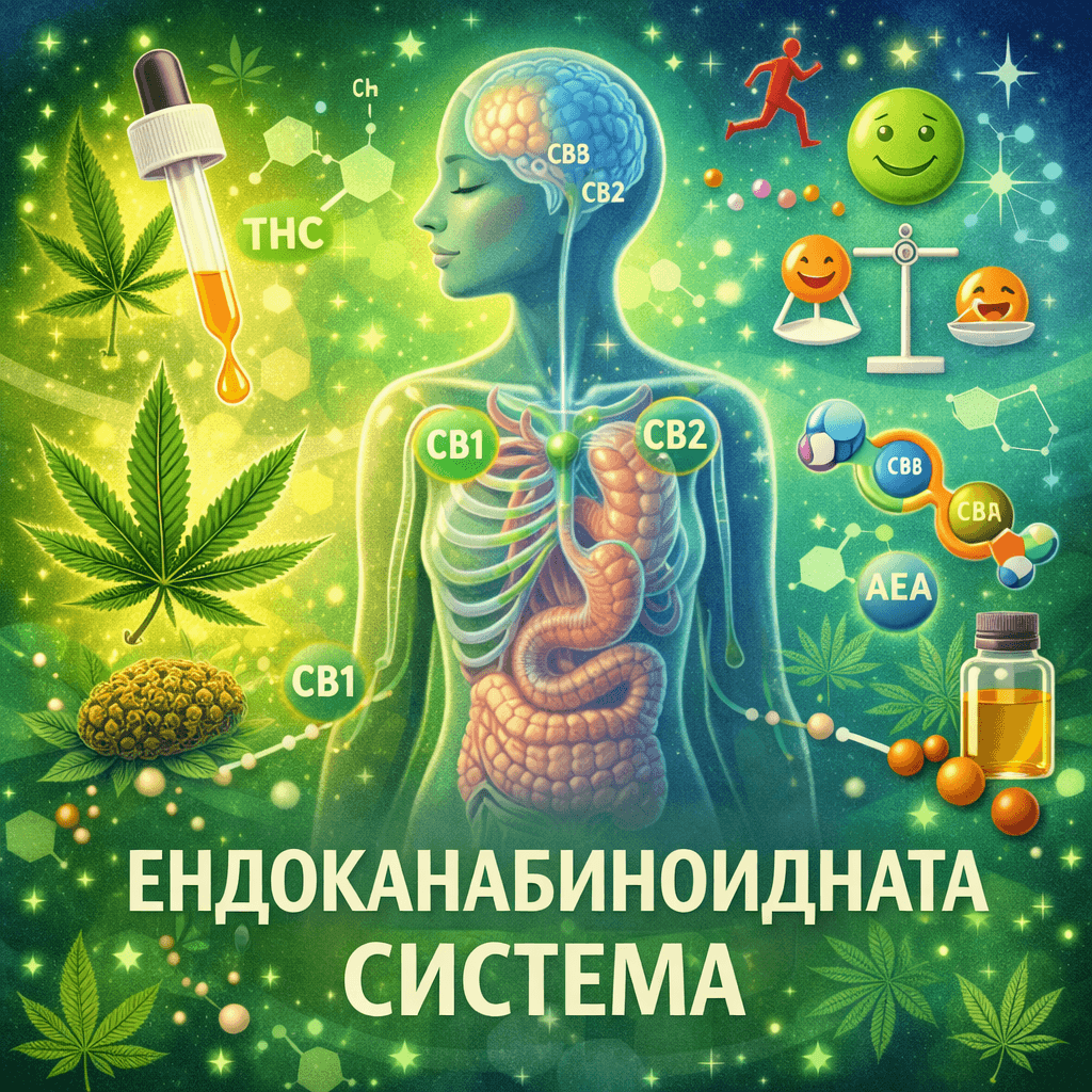 Ендоканабиноидната система – илюстрация на ECS с рецептори CB1, CB2, канабиноиди и свързани масла и терапии
