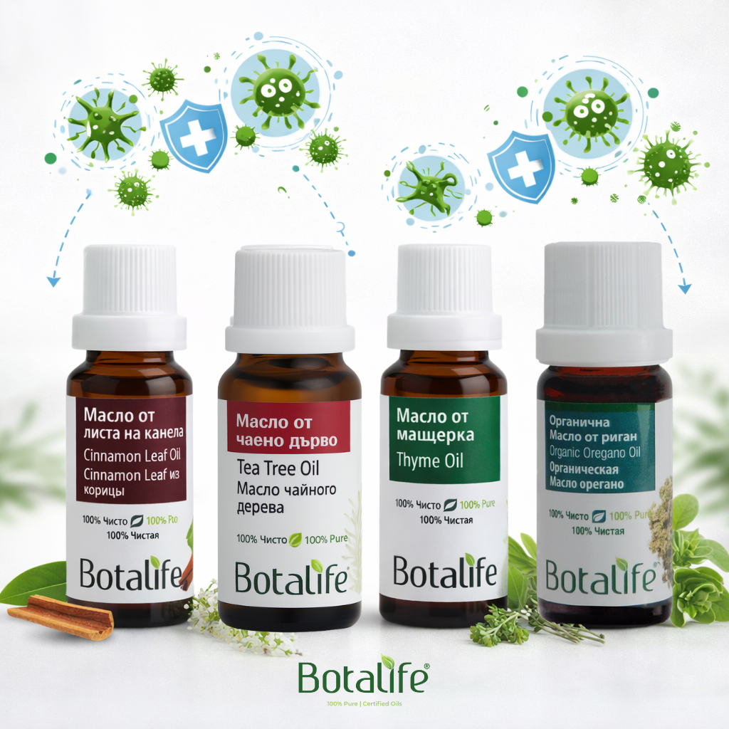 ТОП 4 антибактериални етерични масла – разнообразие: масло от риган, масло от чаено дърво, мащерка, масло от канела (Botalife)