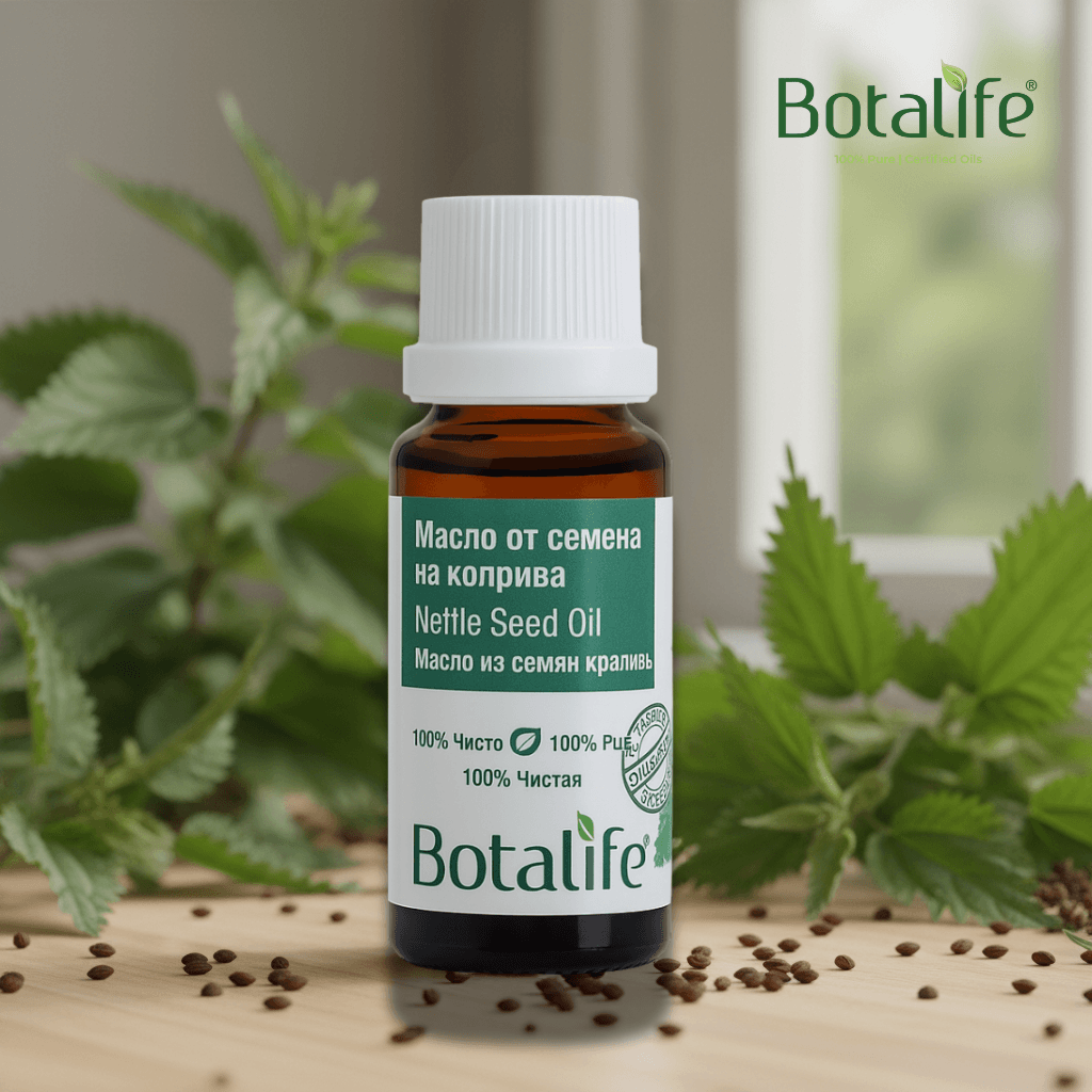 Масло от семена на коприва в стъклена бутилка Botalife, натурално масло за лице и коса, цена и мнения