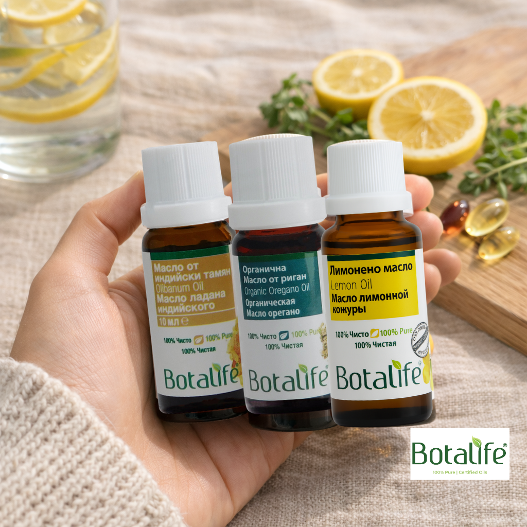 4 НАЧИНА ЗА БЕЗОПАСНА ВЪТРЕШНА УПОТРЕБА НА ЕТЕРИЧНИ МАСЛА И РЕЦЕПТИ – бутилки етерични масла Botalife (лимон, риган, тамян) върху ръка