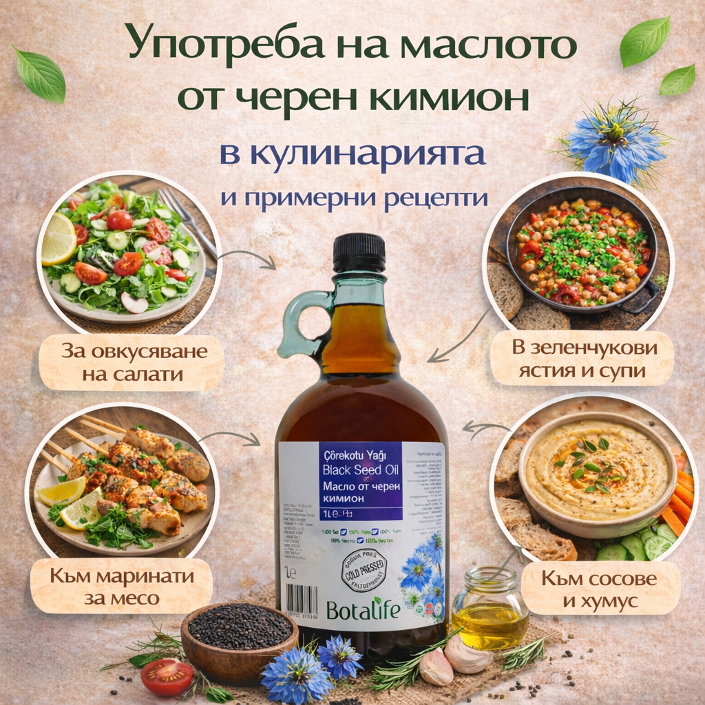 Употреба на маслото от черен кимион в кулинарията и примерни рецепти с масло от черен кимьон за салати, сосове и маринати