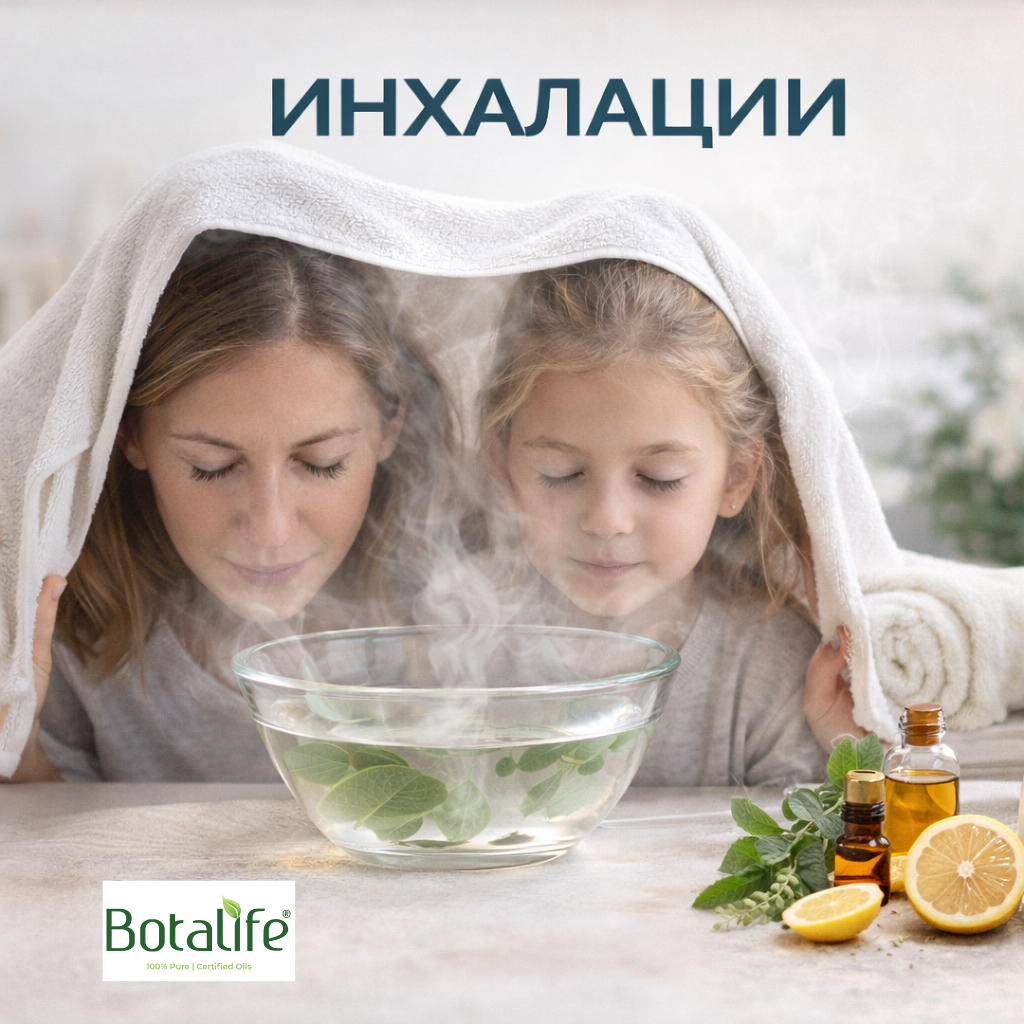 Инхалации с етерични масла - майка и дете правят парна инхалация с билки и етерични масла за облекчение на запушен нос