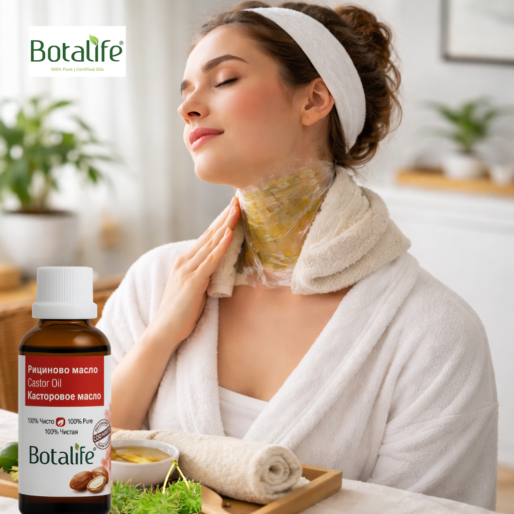 Компрес с рициново масло за щитовидната жлеза – жена с компрес на шията и бутилка рициново масло Botalife, идеи с етерични масла и кокосово масло